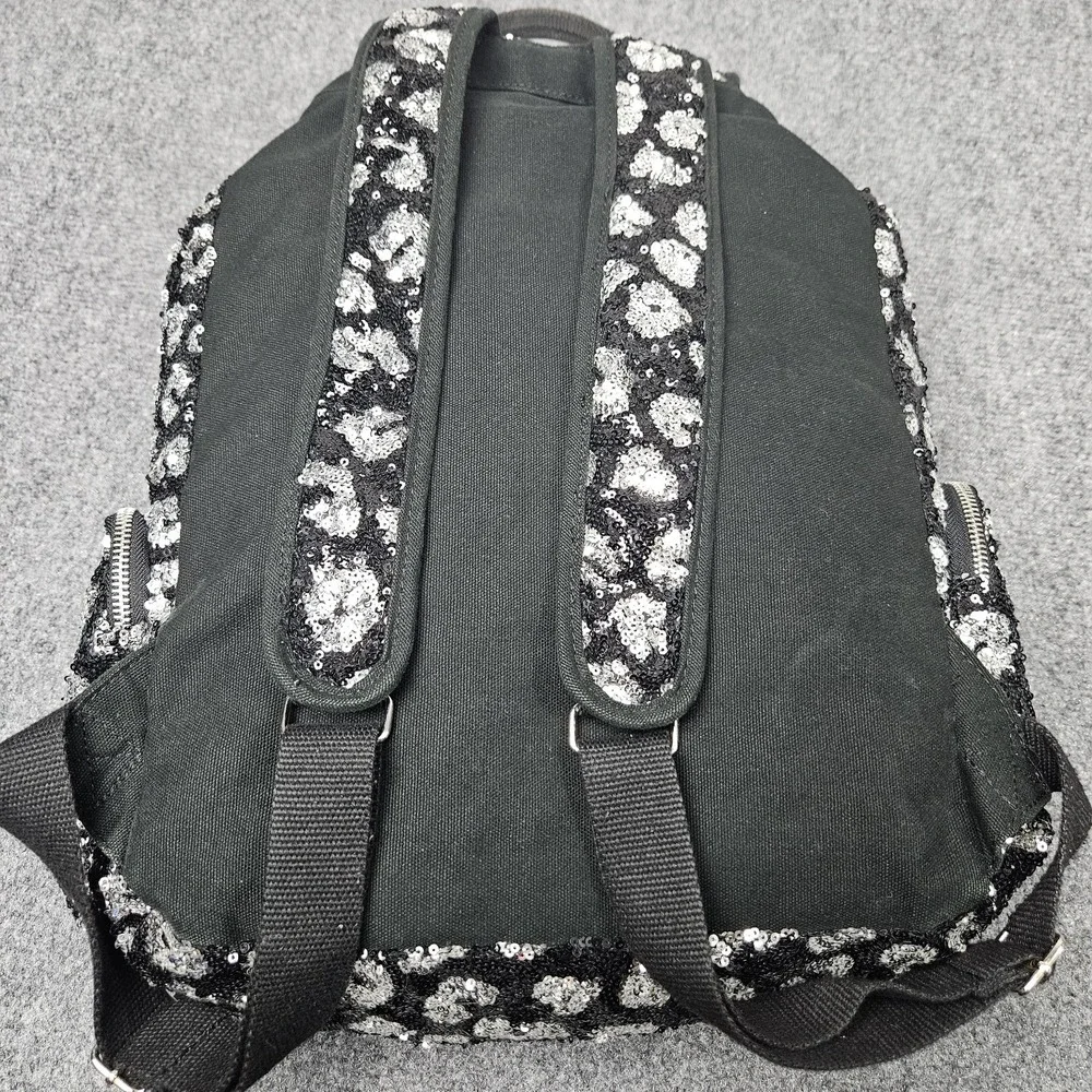 Victorias Secret PINK Backpack Shiny Black Silver Sequin Leopard‎ Animal Print